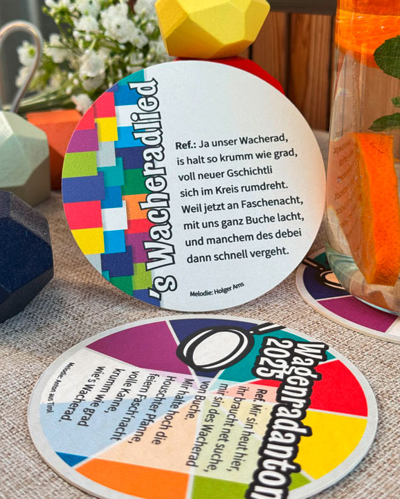 Bierdeckel mit Wagenradlied und Wagenradanton