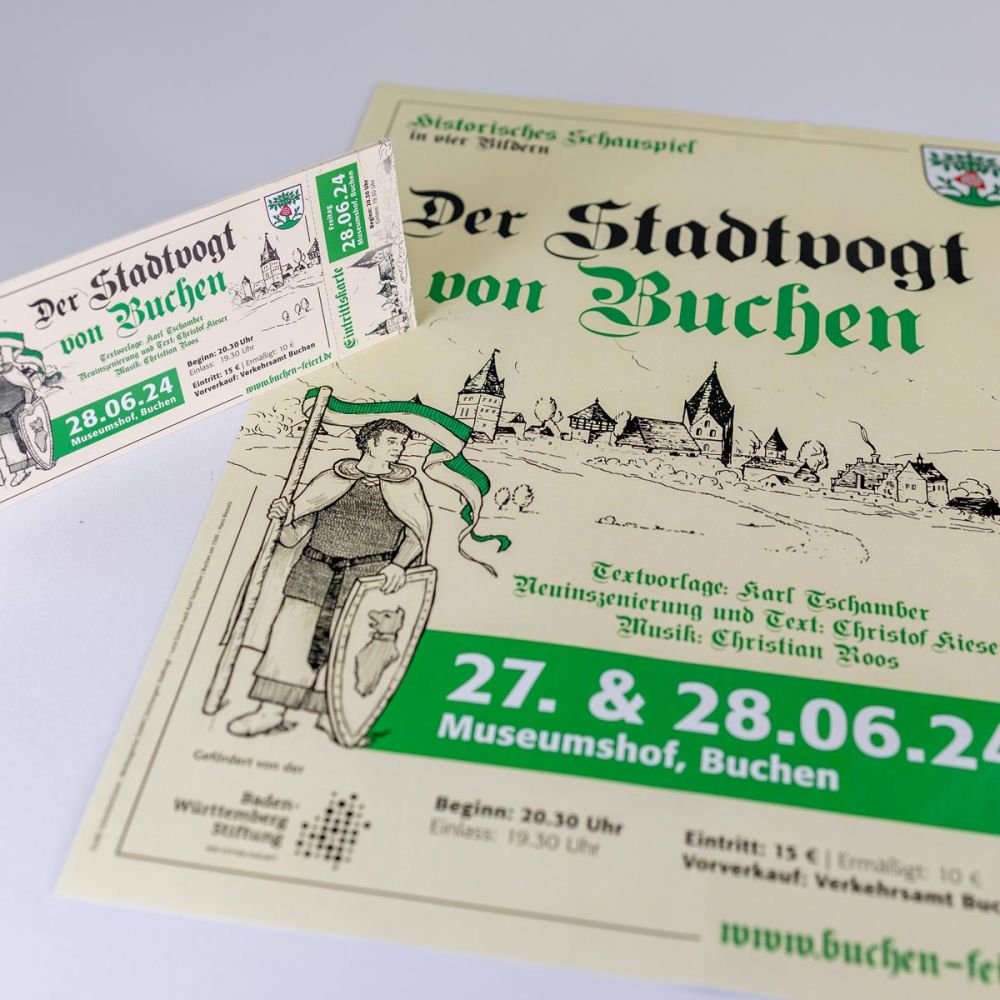 Plakat und Eintrittskarte für den Stadtvogt von Buchen